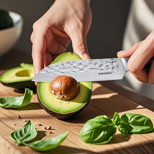 anshee 5 Inch Japanese Santoku Knife & Paring Knife - Hammered Anti-Stick High Carbon Steel Chef Knives, Ergonomic Handle for Fruits/Tomatoes/Meat with Sheath & Gift Box (Home & Professional Chefs) - Thumbnail 5