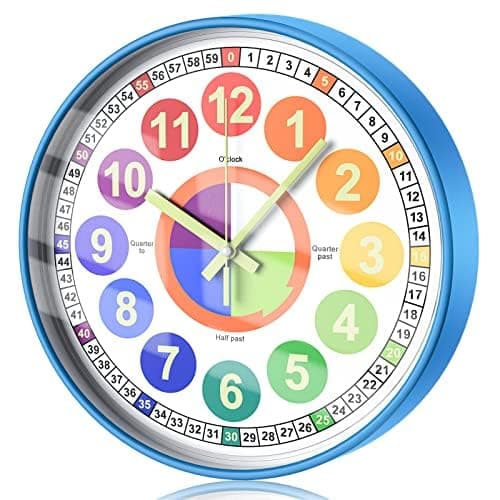 DORBOKER Learning Clock for Kids, Glow in The Dark Wall Clock for Bedroom, 12 Inch Silent Night Light Kids Wall Clock, Colorful Illuminated Telling Time Teaching Clock,Kids Room Decor - Image 1