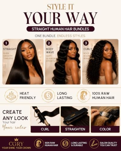 CGRY 18A Raw Indian Straight Human Hair 3 Bundles, Premium 100% Unprocessed Virgin Hair Extensions, Thick Full Ends, Natural Black Silky Soft, Luxury Reusable 28 30 32 Inch - Thumbnail 5