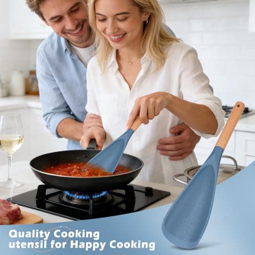 Cooking Spoon Set for Non-Stick Cookware - Wooden Handle & Multifunction Cooking Spoon Spatula, Heat-Resistant Kitchen Utensils for Stirring, Mixing, Serving (1 PACK, BLUE, 11.4) - Thumbnail 6