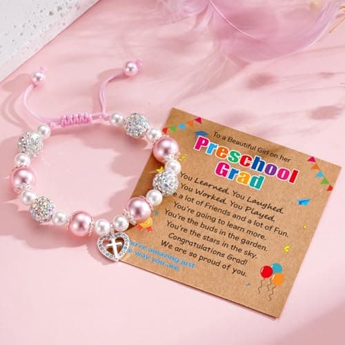 Esrial Graduation Gifts Cross Bracelet Adjustable Pink Pearl Heart Beaded Cross Bracelet Graduation Gifts for Daughter Granddaughter Niece - Thumbnail 2