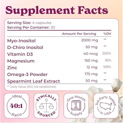 Myo-Inositol & D-Chiro Inositol 2000mg Per Serving for Women - Inositol 40:1 Formula with Spearmint, Vitamin D3, Zinc & Magnesium - Hormone Balance for Women, Ovarian Support - 120 Capsules - 1Pack - Thumbnail 4