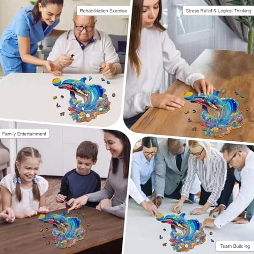 Hopelucr Wooden Puzzles for Adults and Kids, Playful Dolphin Wooden Jigsaw Puzzle 200 Pieces, Unique Shaped Wooden Puzzles, Birthday Gift for Family Game Night Home Decor 11 * 9.4in - Thumbnail 3