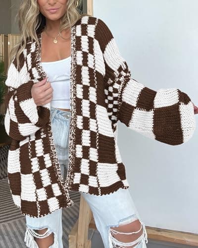 BTFBM Casual Cardigan Sweater for Women Fall 2026 Long Sleeve Open Front Chunky Knit Sweaters Checkered Outwear Coat(Brown,Large) - Thumbnail 3