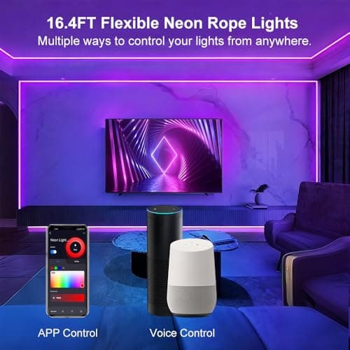 Ligency Smart Neon Rope Lights 16.4FT, RGBW Color Changing LED Strip, Alexa Google Assistant/App Control, IP65 Waterproof Flexible Light Strip for DIY Signs, Music Sync Gaming Room Decor - Thumbnail 2