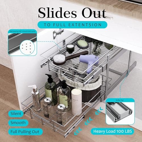 2 Tier Pull Out Cabinet Organizer 14" W X 22" D, Slide Out Drawers For Kitchen Cabinets, Pull Out Drawers For Cabinets Capacity Heavy Duty Caddy, Cabinet Pullout Shelves Chrome-Plated,Bathroom Pantry - Thumbnail 3