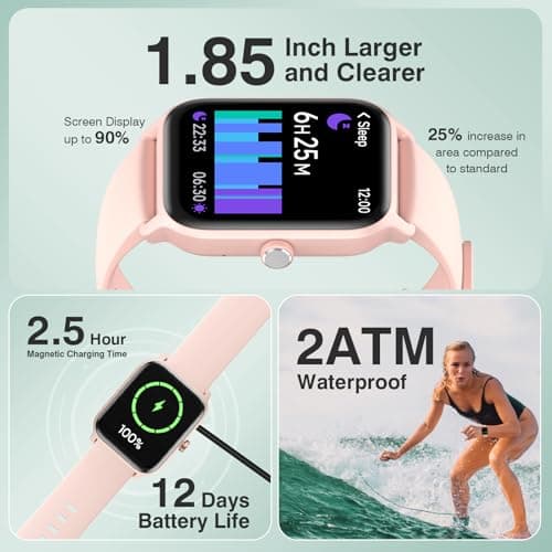 Smart Watches for Women Men, 1.85” HD Touchscreen Fitness Tracker with Call & Message Alerts, 24/7 Heart Rate/Sleep Monitor,100+ Sport Modes, 2ATM Waterproof Smart Watch for Android iPhone (Pink) - Thumbnail 5