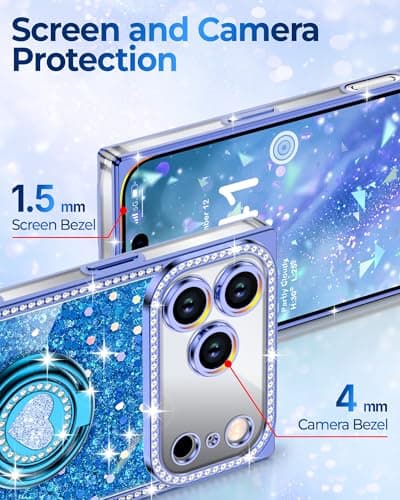 XYZ for iPhone 17 Pro Max Case, Glitter Bling Phone Cover with 2-Ring Heart Stand & Lanyard, Women Girls Luxury Rhinestone Shockproof Protective Case for iPhone 17 Pro Max, Blue - Thumbnail 4