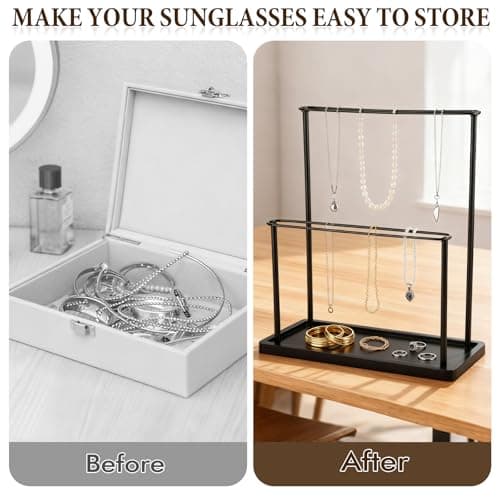 Himake Sunglasses Organizer Glasses Holder Stand with Wood Base, 2 Tier Eye Glasses Display, Sunglass Storage Rack for Multiple Glasses, for Desk, Nightstand, Dresser, Vanity, Metal, Balck - Thumbnail 5