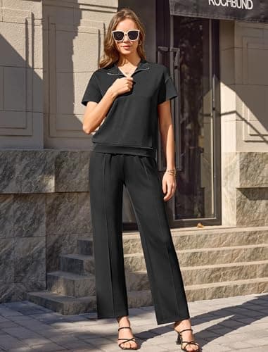 difficort Two Piece Set for Women Summer Spring Outfits Travel Airport Beach Vacation Half Zip Sweatshirts Wide Leg Pants Set, Black, Large - Thumbnail 5
