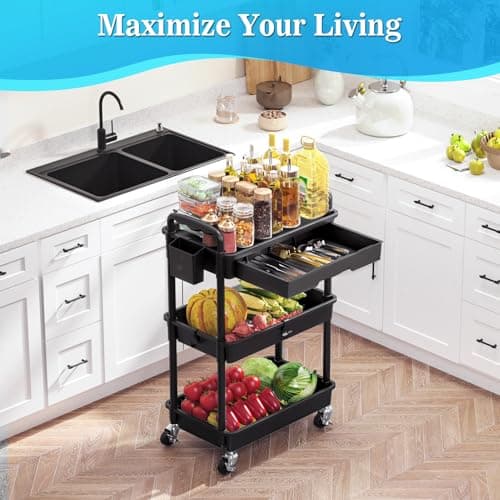 SUNALLY 3 Tier Rolling Cart with Drawer, Bathroom Storage Organizer with 2 Lockable Wheels, Multifunctional Rolling Storage Cart for Bathroom, Kitchen, Office, Craft, Makeup, Baby Essentials, Black - Thumbnail 2