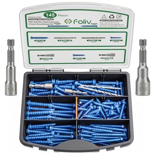 FOLIV 145PCS Concrete Screws with Drill Bit and Hex Bit Socket, Blue Hex Washer Head Concrete Screws Anchor Kit for Masonry, Cement, Block, Brick or Stucco