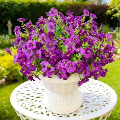 Artificial Flowers for Outdoor Indoor Garden Home Decoration, 12 Bundles Faux Flower Mums with Eucalyptus Leaves Realistic Faux Plants, Spring Decor for Porch Patio Balcony Planter Yard(Purple)