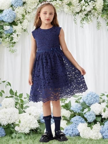 ALLOVIN Girls & Toddlers Sleeveless A-Line Lace Party Dress Birthday Wedding & Flower Girl Dress with Beaded Bowknot | Navy Blue | 3-4T - Thumbnail 3