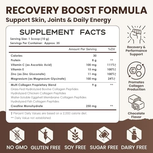 NATURE TARGET Chocolate Collagen Peptides Powder - Multi Collagen for Women with Vitamin C & Creatine, Supports Skin, Hair, Nails & Joint Health - Type I, II, III, V & X, Gluten Free, 35 Servings - Thumbnail 2