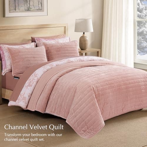 WRENSONGE Velvet King Size Quilt Set-3 Pieces Clay Pink Luxurious Velvet Striped Channel Comforter with 2 Shams, Soft Bedspread Coverlet Quilted Bedding Set for All Season - Thumbnail 2