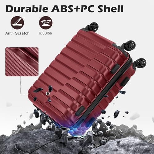 Coolife Luggage Sets, 3 Piece Hard Shell Suitcase Set with Spinner Wheels, Expandable Large Checked Luggage, Lightweight Rolling Carry On with TSA Lock Wine Red - Thumbnail 3
