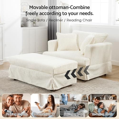 Indoor Chaise Lounge Chair with Storage Ottoman, 60-Inch Corduroy Lounge Sofa, Modern Cloud Couch Chair with Wide Armrests & 4 Pillows (Beige (No Storage)) - Thumbnail 3