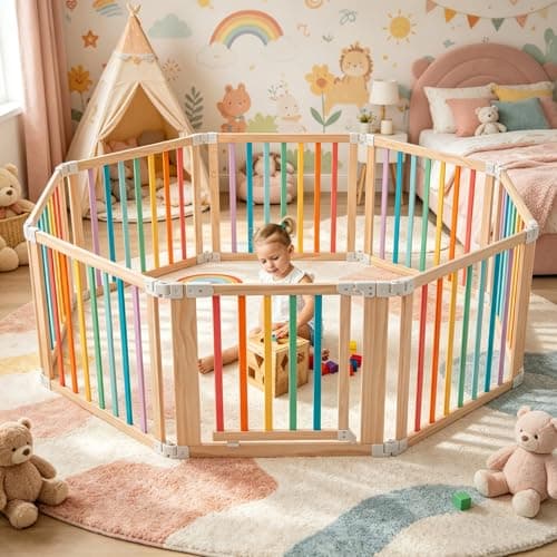 Gewitt Baby Wooden Playpen, Foldable Shape & Size Adjustable Playpen for Toddler and Babies, Wood Baby Play Yard with Locking Gate, Large Pack and Play for Play Area Indoor(Multicolor, 8 Panel) - Thumbnail 2