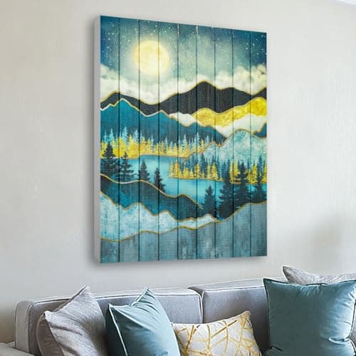 Abstract Mountain Canvas Ribbon Wall Art Forest Tree Moon Landscape Painting Boho Wall Decor Handmade Unique Textured Prints for Living Room Bedroom Bathroom Office Kitchen Home Decor 20" x 28"