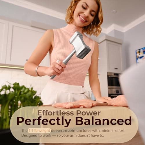 Stainless Steel Meat Mallet Hammer Tenderizer, Textured Grip Meat Mallet Tenderizer, 1.1lb Single-Piece Chicken Pounder, Large Surface Meat tenderizer Tool, 5-Year Warranty, Ablandador de carne - Thumbnail 2
