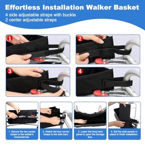 supregear Walker Basket, Foldable Walker Bag with Cup Holder, Storage Pouch with Large Capacity and Never Tipping Over, Hand-Free for Seniors Elderly, Not Fit for Rollator, Black - Thumbnail 4