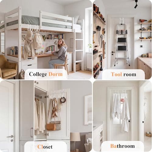 FYY Over the Door Hooks, No Assembly Required 2 PCS Double Hanger Heavy Duty Metal Towel Rack with Soft Pads, Organizer for Coat, Bag, Robe-Fits Bathroom, Closet Dorm Up to 1 1/2", 5.11" Long, White - Thumbnail 6