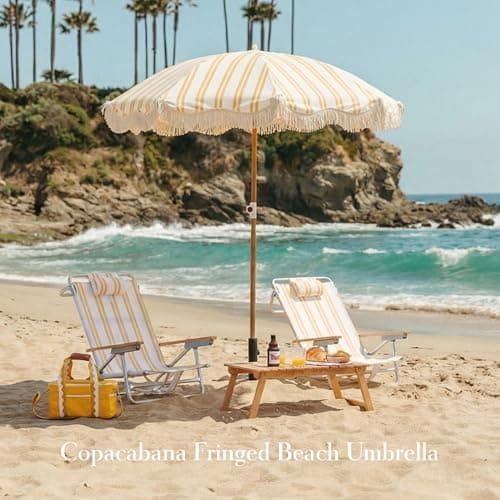 DEER LAND 6FT Stripe Fringe Beach Umbrella for Sand with Sand Anchor, UPF 50+ Sun Shade with Tassels, Adjustable Tilt Pole, Portable Coastal Umbrella for Beach & Pool, Heritage Mimosa Stripe - Thumbnail 2