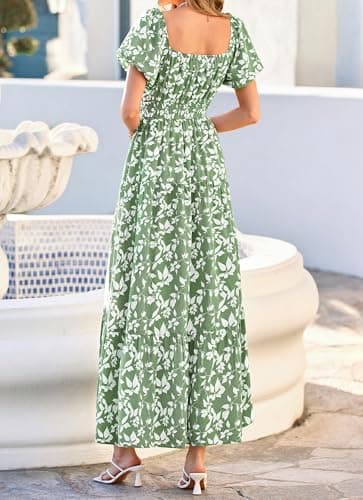BTFBM Summer Dress for Women 2026 Spring Floral Short Sleeve Casual Flowy A-Line Smocked Tiered Maxi Dresses Pockets(Floral Green White, XX-Large) - Thumbnail 3