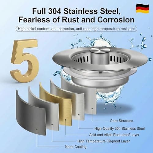Upgraded 3-in-1 Kitchen Sink Drain Strainer with Solid Brass Core, Fast-Drain Pop-Up Sink Stopper, 304 Stainless Steel, Removable Anti-Clog Basket, for US Standard 3-1/2'' Drains - Thumbnail 3