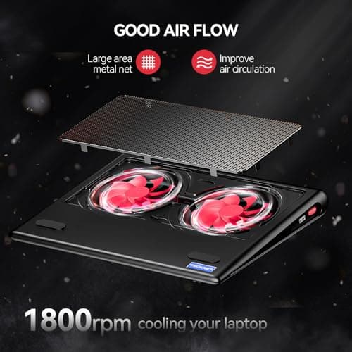 TECKNET Laptop Cooling Pad - 12"-15.6" Laptops Cooler, Powerful Cooler and Ultra Quiet for Gaming Laptops Pad, 2 Wind Speed Adjustable, USB A & C Powered Cooler Stand with Laptop Fan LED (Red) - Thumbnail 6