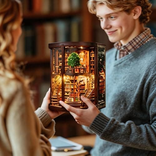 Havefunfun Wisdom Tree Library Book Nook Kit, DIY 3D Wooden Puzzle with Rotating Staircase, LED Light & Dust Cover, Premium Solid Wood Bookend, Vintage Decor, Creative Gift for Adults & Book Lovers - Thumbnail 5