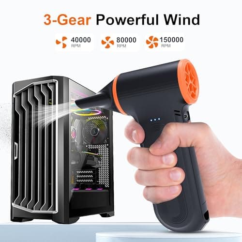 JUFINX X117 Compressed Air Duster-150000RPM Super Power Snow Blower, 3-Gear Adjustable Mini Blower with Fast Charging, Electric Air Duster for Leaves,Snow,Computer, Keyboard, House, Outdoor,and Car - Thumbnail 4