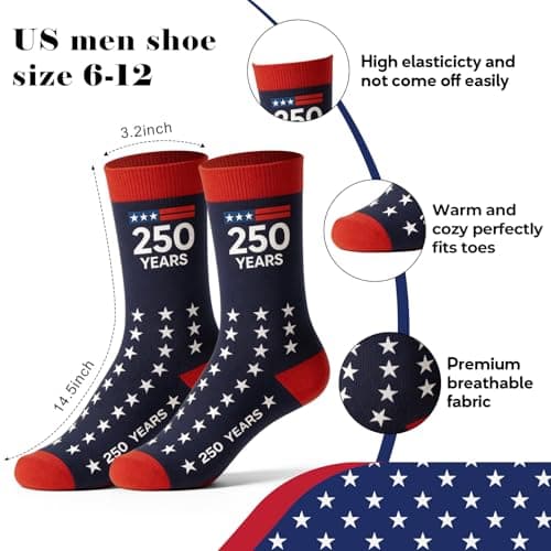 GOAUS 250 Years Patriotic Embroidered Hat, Socks and 3x5 Flag, American Merchandise 250th Anniversary USA Gifts for Men Dad Fathers Day - Thumbnail 5