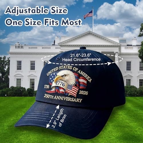Bokauo 250 Anniversary USA Hat for Men Women,Printed Adjustable Baseball Cap,250th Years Gift Merchandise for Husband,Veteran (Navy Blue) - Thumbnail 2