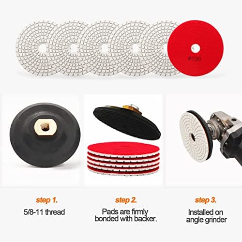 Wet Diamond Polishing Pad Set,BRSCHNITT 6pcs 4 inch #100 for Stone Marble Quartz Granite Sanding Disc Polisher Pads Kit Tools for Wet Grinder Polisher,Countertop Polish,Grinder - Thumbnail 5