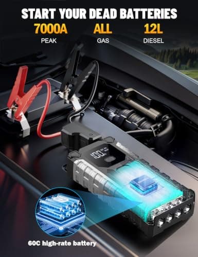 Sharmeal Car Battery Jump Starter 6000A, Car Jumper Starter Battery Pack for Up to All Gas & 10.0L Diesel Engines, 12V Portable Jump Box with 3 Modes Flashlight and Jumper Cable - Thumbnail 2
