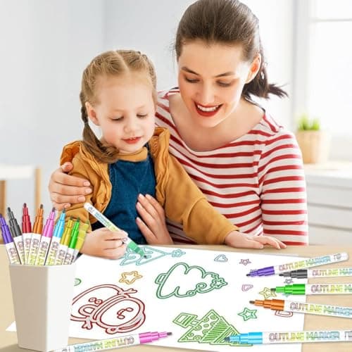 JZILU Double Line Outline Markers, 12 Colors Glitter Metallic Gel Pens Set, Easter Basket Stuffers For Teen Girls Kids, Art Supplies For Kids 9-12, 4-12 Year Old Girl Birthday Gifts - Thumbnail 5