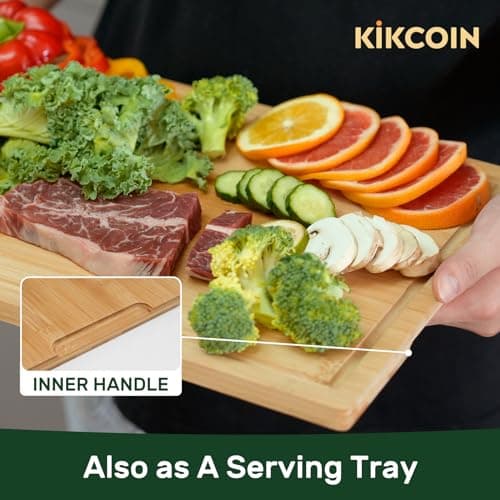 Kikcoin 17”×11” Bamboo Cutting Boards for Kitchen, Healthy Wooden Cutting Boards for Kitchen, Charcuterie, Vegetables, Cheese, Extra Large Chopping Boards with Deep Juice Groove and Handle, Natural - Thumbnail 5
