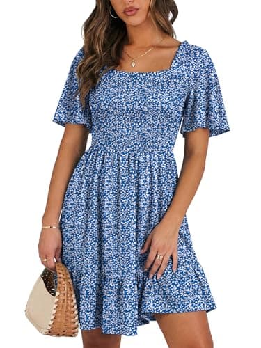 UEAL Casual Dresses for Women Teens Blue and White Floral Spring Summer Sun Dress Large Blue Floral - Image 1