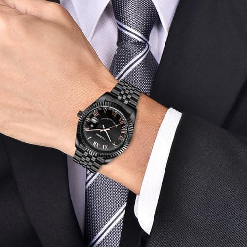 SINOBI Men's Luminous Hand Calendar Date Quartz Watch Classic Stainless Steel Watches for Men (Black) - Thumbnail 2