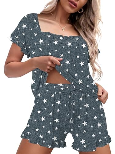 StunShow Short Pjs Sets for Women Gingham Pajamas White Lounge Set Women Babydoll Pajamas Modest Lingerie for Women Cute Lingerie Sets Star L - Thumbnail 4