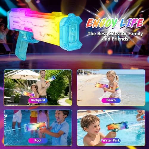 Electric Water Gun for Kids Adults, Automatic Squirt Gun Soaker with Spray Sound and Led Lights, Rechargeable Battery Water Blaster Up to 25 FT Range, Summer Outdoor Toys for Beach Pool Game - Thumbnail 6
