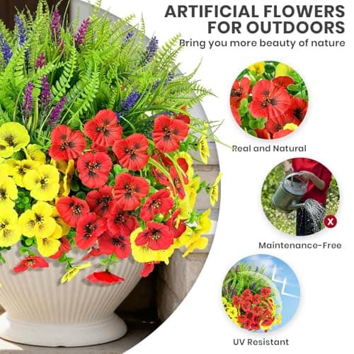 ICX Artificial Pansy Flowers for Outdoor, 20 PCS Faux Silk Pansies Spring Flowers with Eucalyptus Lavenders & Ferns, Fake Flowers for Outdoor Planters Porch Garden and Home Decor - Thumbnail 3