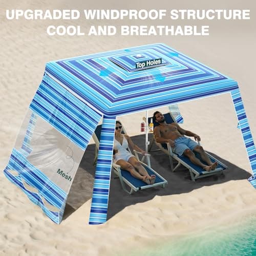 Rhino Valley Beach Cabana, 8 * 8FT Beach Tent UPF50+ Protection, Easy Setup Beach Canopy Wind Resistant with Cup Holder, Compact Beach Shade Foldable Beach Tent Sun Shelter, Blue Four Stripes - Thumbnail 2