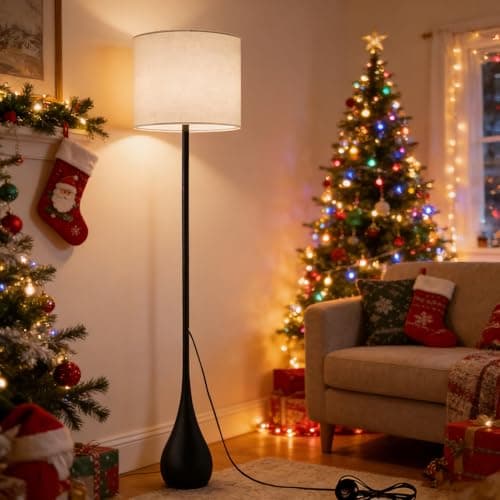 DLITISH Boho Floor Lamp 67 Inch Extal Tall, Modern Torchiere Lamp with Beige Linen Drum Shade, Large Farmhouse Black Teardrop Base Standing Lamp for Living Room, Bedroom, Corner, Office - Thumbnail 2