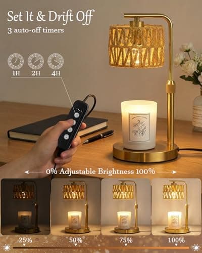 Candle Warmer Lamp with Timer, Dimmable Candle Warmer for Jar Candles, Height Adjustable Candle Lamp Warmer, Boho Rattan Lampshade and 2 Bulbs, Gift for Home Room Decor, Gifts for Women Mom (Gold) - Thumbnail 3