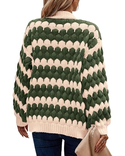 KIRUNDO Women Cardigan Oversized Puff Sleeve Open Front Striped Color Block Cable Knitted Cardigans Fashion Chunky Winter Sweater Coats Fall Clothes 2026(Army Green, Medium) - Thumbnail 2