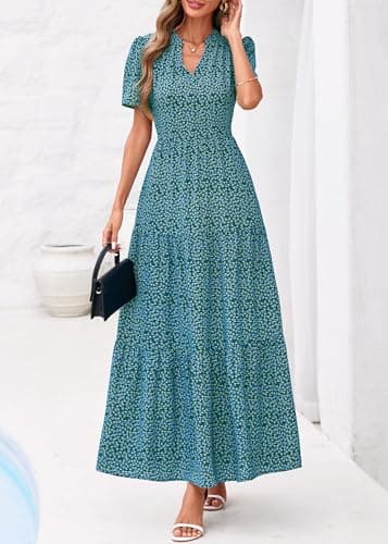 KIRUNDO Womens Floral Boho Flowy Maxi Dress, Dark Green Flower, Small - Thumbnail 2