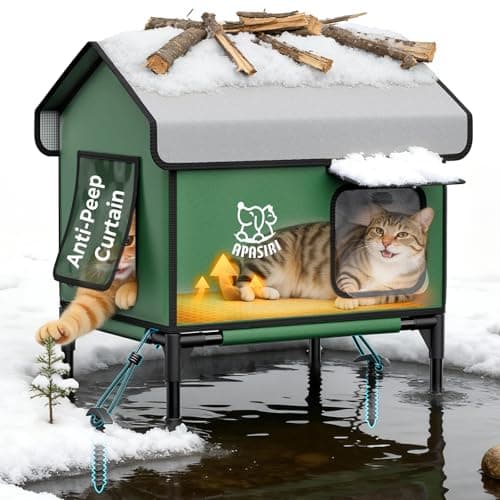 Apasiri Heated Outdoor Cat House Weatherproof - Insulated Cat Shelter with Thermostatic Heating Pad, Water Resistant 900D Oxford Feral Cat House with Anti-Peep Curtains Escape Door for Winter, Small